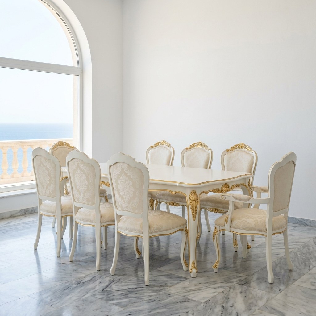 Σετ τραπεζαρίας με λευκό τραπέζι και επίχρυσες λεπτομέρειες σε μαρμάρινο δάπεδο από την Casa Padrino