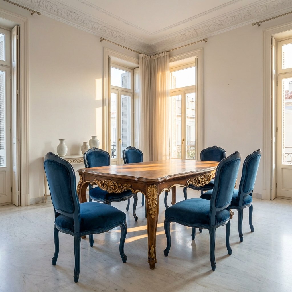Τραπεζαρία σε κλασικό ύφος με επίχρυσα σκαλίσματα σε νεοκλασικό διαμέρισμα της Αθήνας από την Casa Padrino