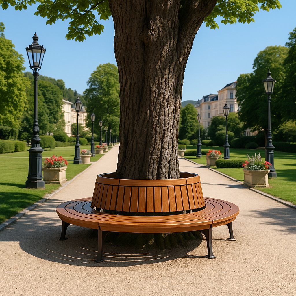 Parco termale con panca circolare attorno a un albero, lanterne e fioriere