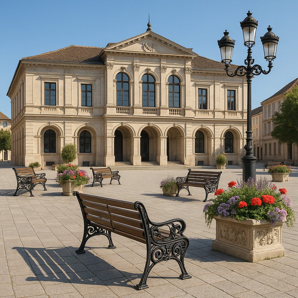 Arredo urbano nella piazza del municipio con panchine, fioriere e un lampione in stile antico