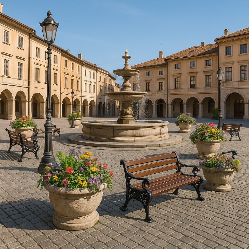 Arredo urbano in una piazza del mercato: panchine, fioriere, lampioni e fontana insieme