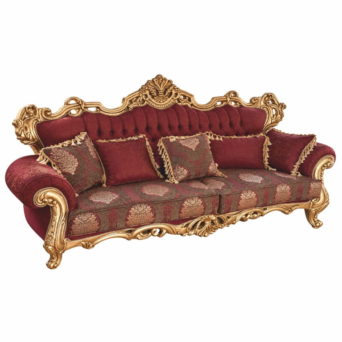 Comprare mobili di lusso online: divano barocco bordeaux e oro con cuscini, 250 cm