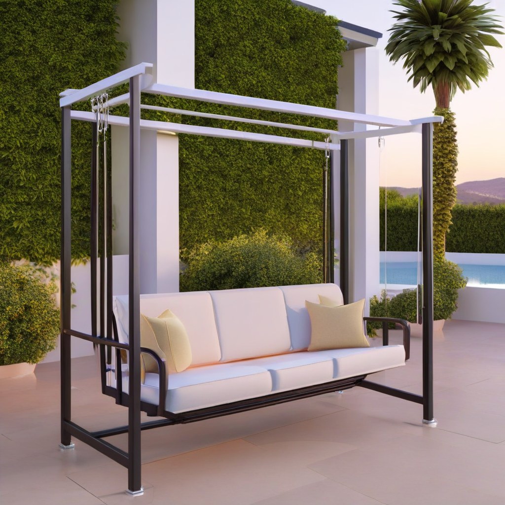Dondolo da giardino di lusso con tettuccio parasole nel giardino curato di una villa di Casa Padrino