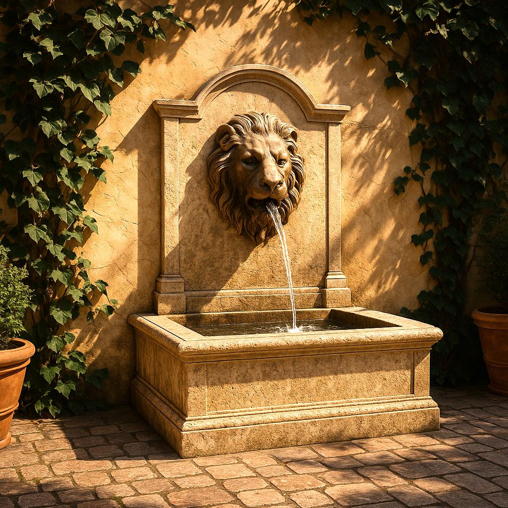 Fontana a muro in pietra con testa di leone su un muro di giardino coperto di edera in un cortile di Casa Padrino