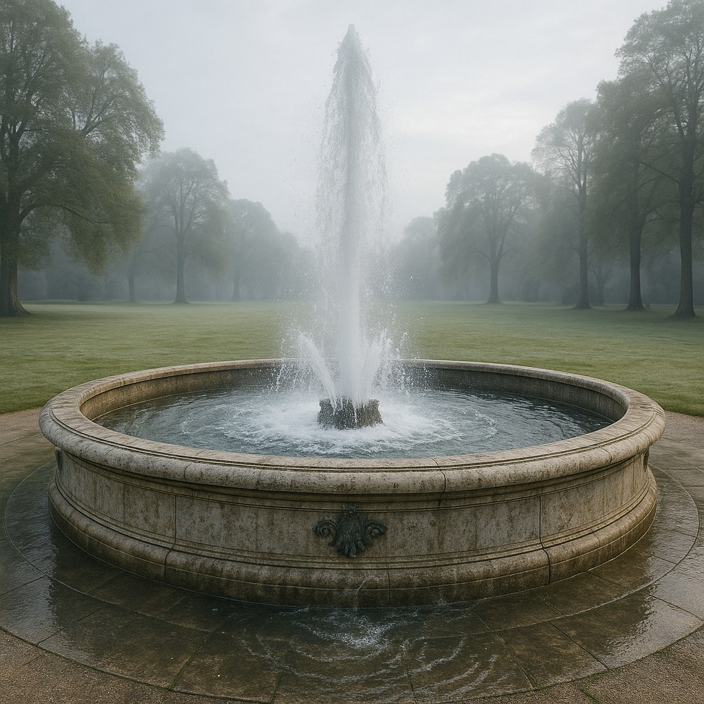 Grande fontana da giardino in pietra con vasca perimetrale e alto getto d'acqua in un parco di Casa Padrino