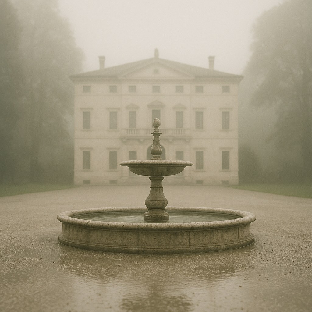 Grande fontana in pietra davanti alla facciata di una villa classica nella foschia del mattino di Casa Padrino