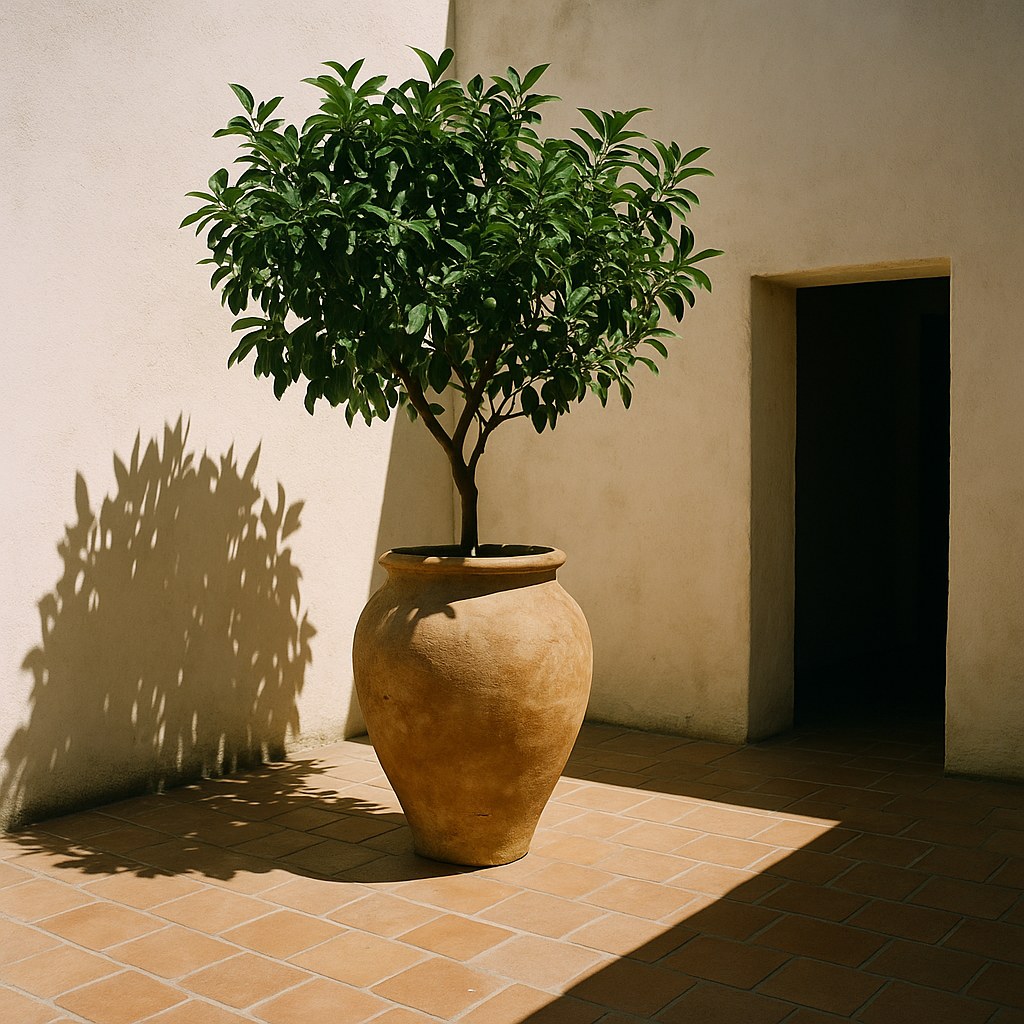 Grande vaso a forma di anfora con un agrume adulto in un cortile mediterraneo di Casa Padrino