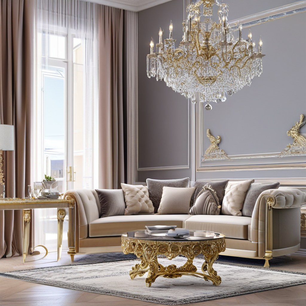Mobili barocchi in una lobby d'hotel con poltrone barocche dorate e lampadario