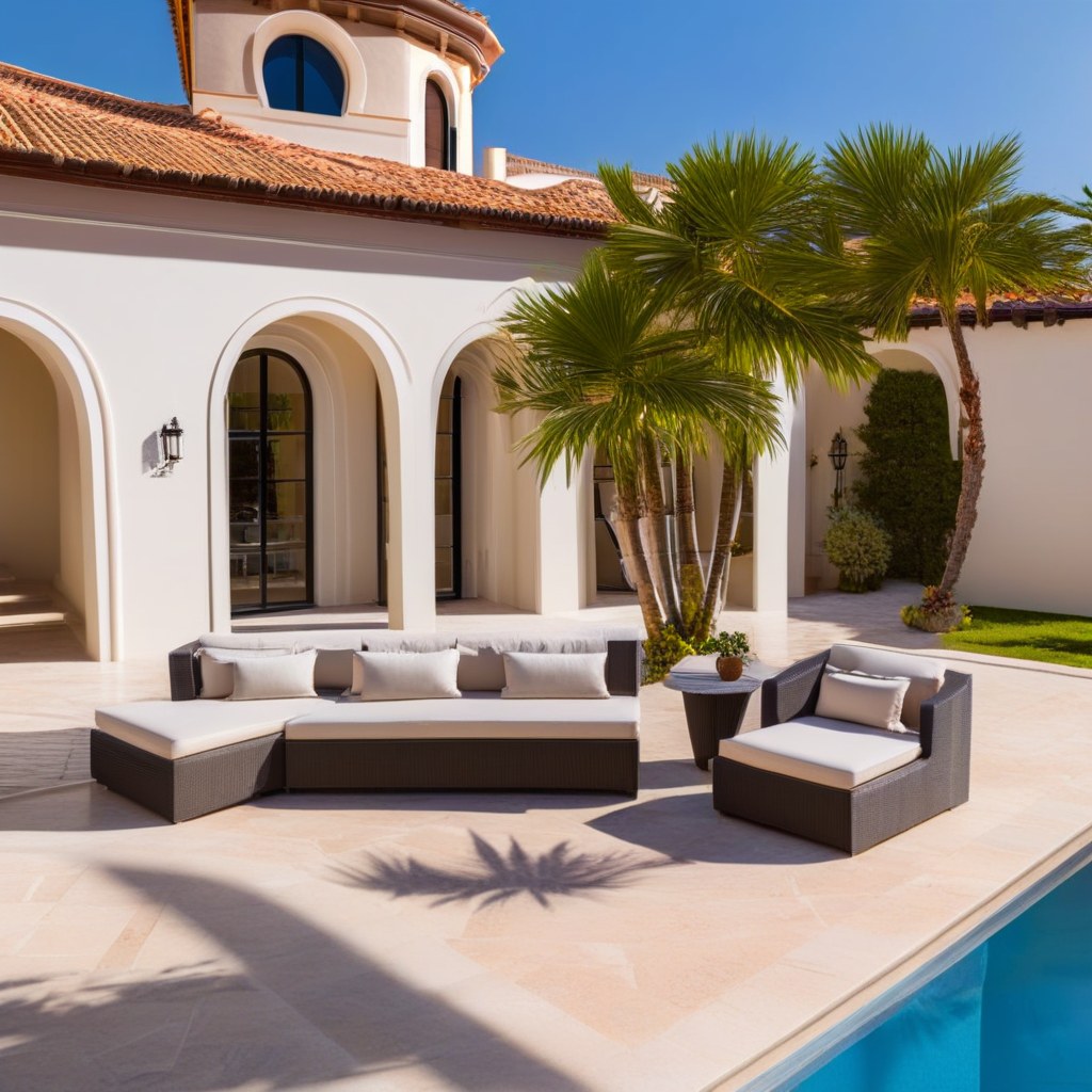 Elegante set di mobili da giardino in ferro battuto a bordo piscina di una villa di lusso di Casa Padrino