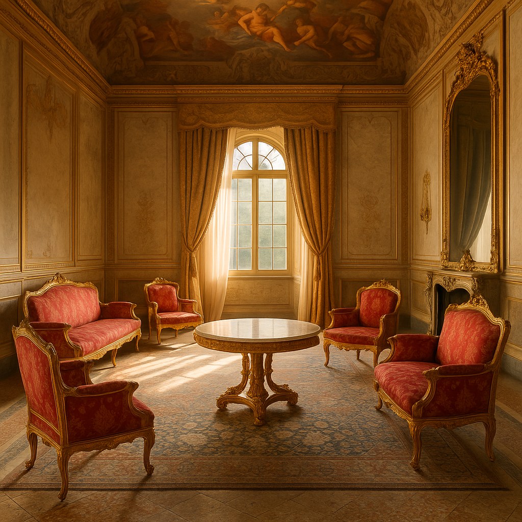 Mobili per palazzi in un grande salone reale con sedute dorate di Casa Padrino