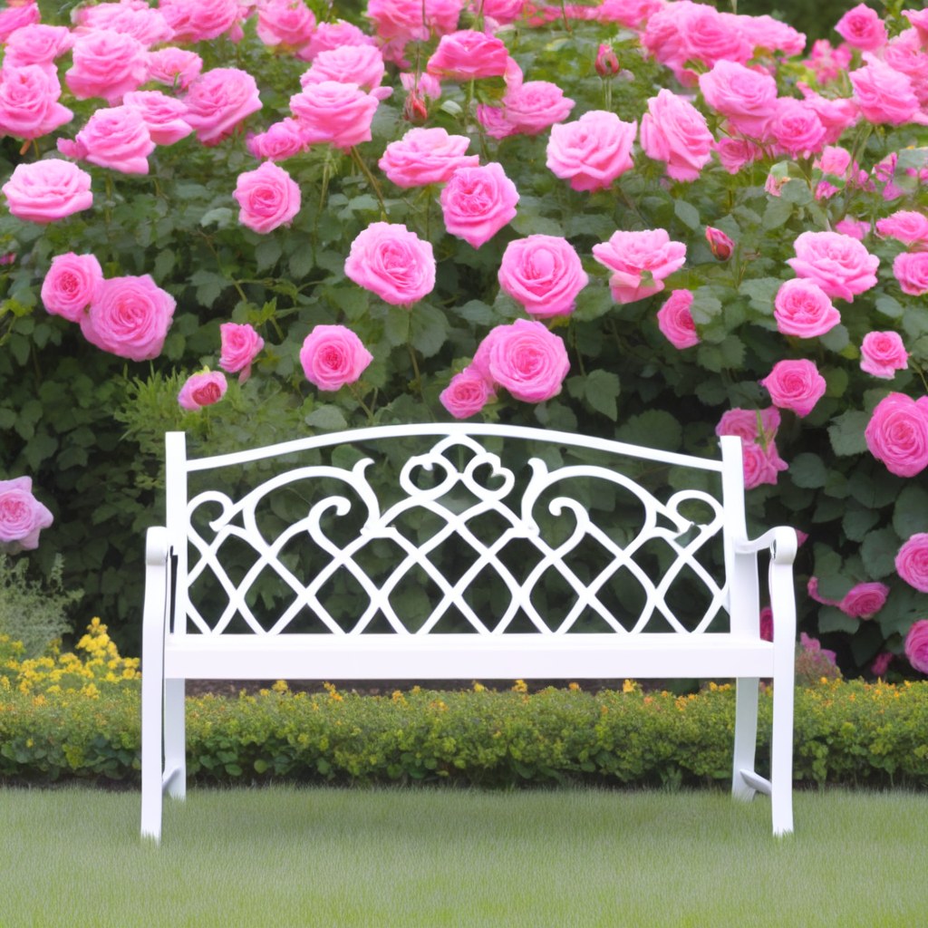 Panca da giardino bianca in ferro battuto con ornamenti floreali in un roseto di Casa Padrino