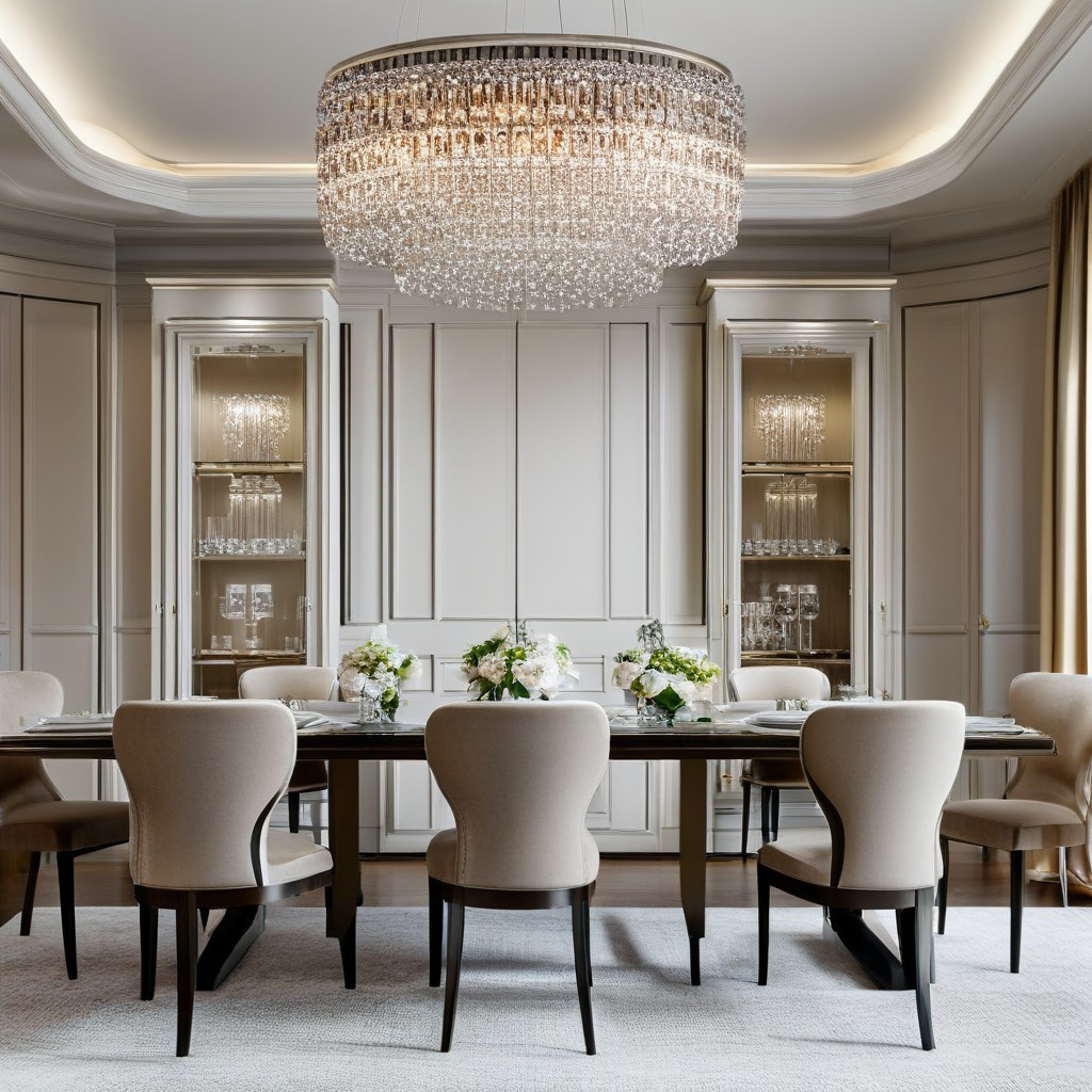 Sala da pranzo barocca con grande tavolo, sedie imbottite e lampadario di cristallo