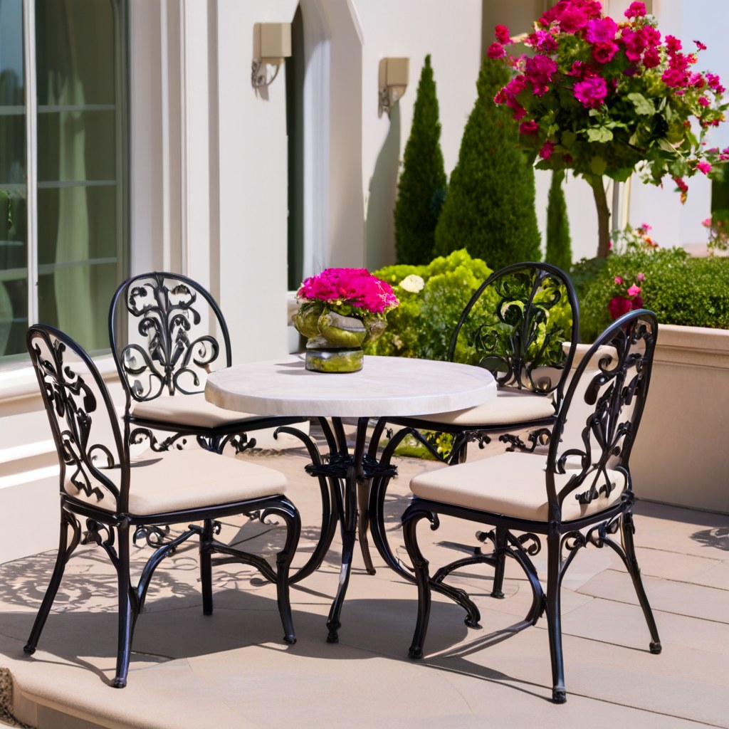 Sedie da giardino in ferro battuto decorate su un'elegante terrazza d'hotel di Casa Padrino