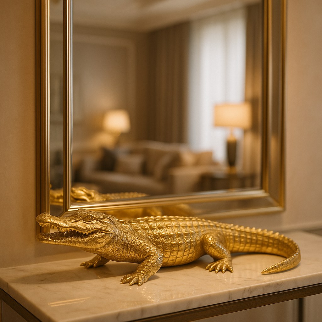 Gouden krokodil sculptuur op een marmeren console in een luxe woonkamer van Casa Padrino