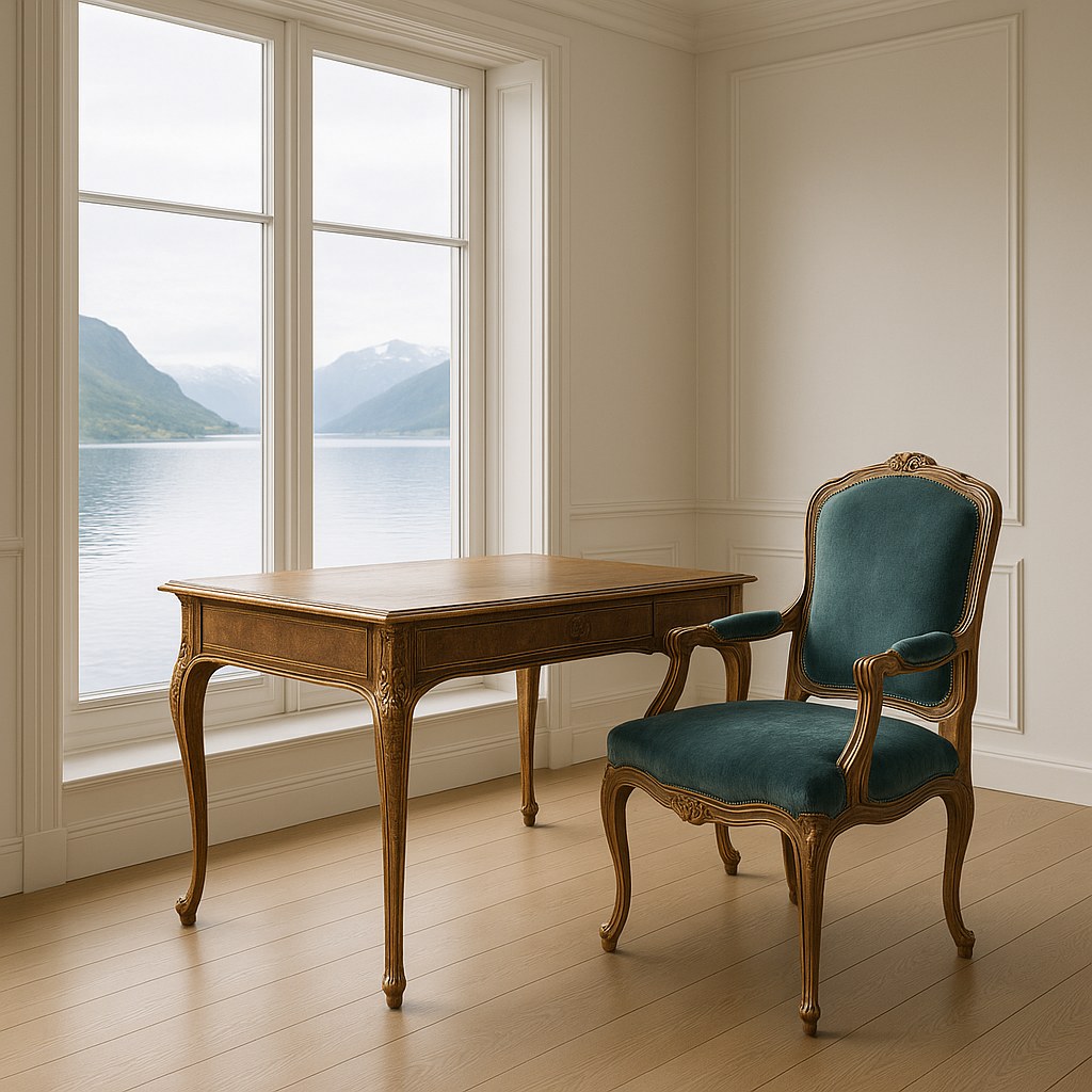 Skrivebord i antikk stil med armstol i fløyel i en lys villa ved fjorden fra Casa Padrino