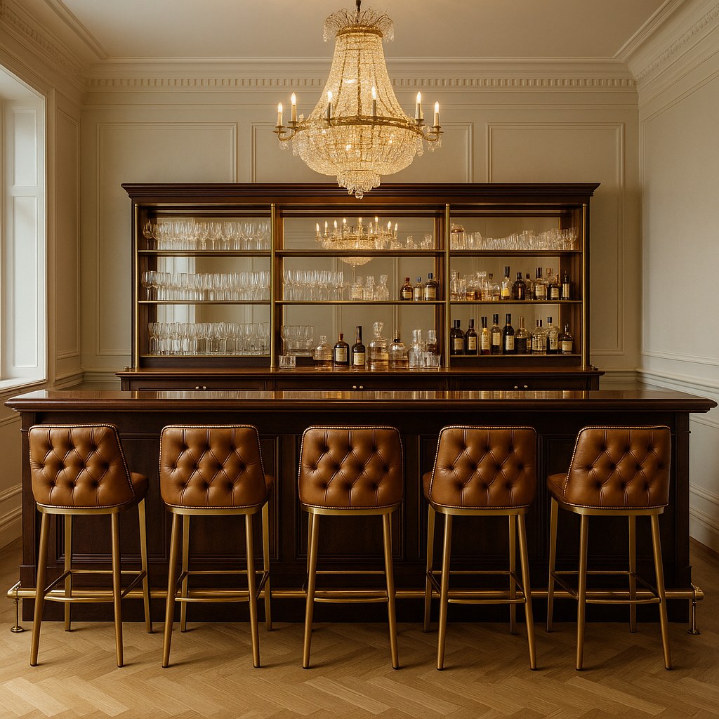 Barkrakker med rygg og polstring i skinn ved en bardisk i mørkt tre i en klassisk hotellbar i Bergen fra Casa Padrino