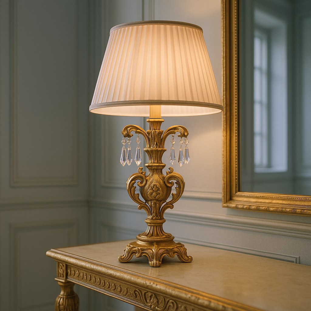 Barokk bordlampe med krystallprismer og forgylt fot i salen på en norsk herregård fra Casa Padrino
