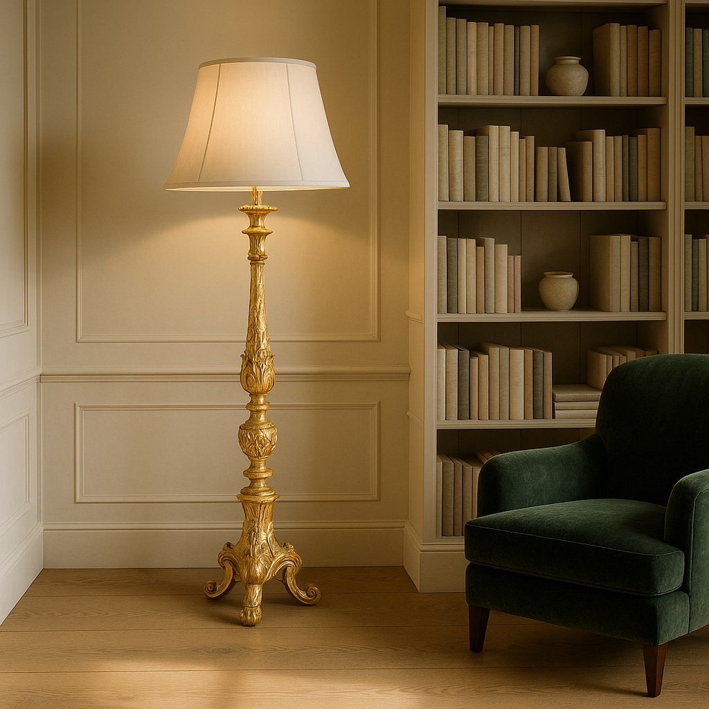 Barokk gulvlampe med forgylt stang og silkeskjerm i biblioteket på en norsk herregård fra Casa Padrino