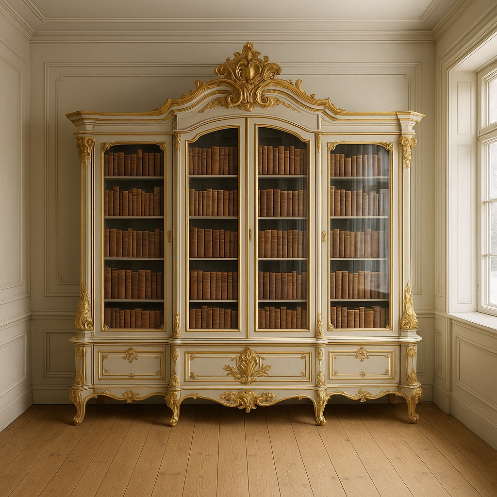 Klassisk bokhylle med glassdører og gammel boksamling i biblioteket på en norsk herregård fra Casa Padrino