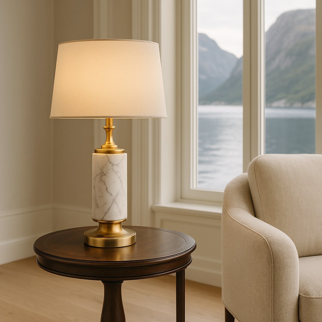 Bordlampe med marmorfot på et sidebord ved en lenestol i en villa ved fjorden fra Casa Padrino
