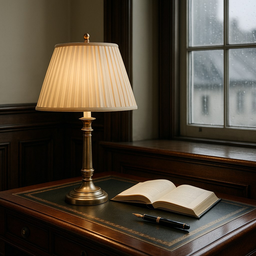 Bordlampe i messing med plissert skjerm på et klassisk skrivebord i en bygård i Bergen fra Casa Padrino