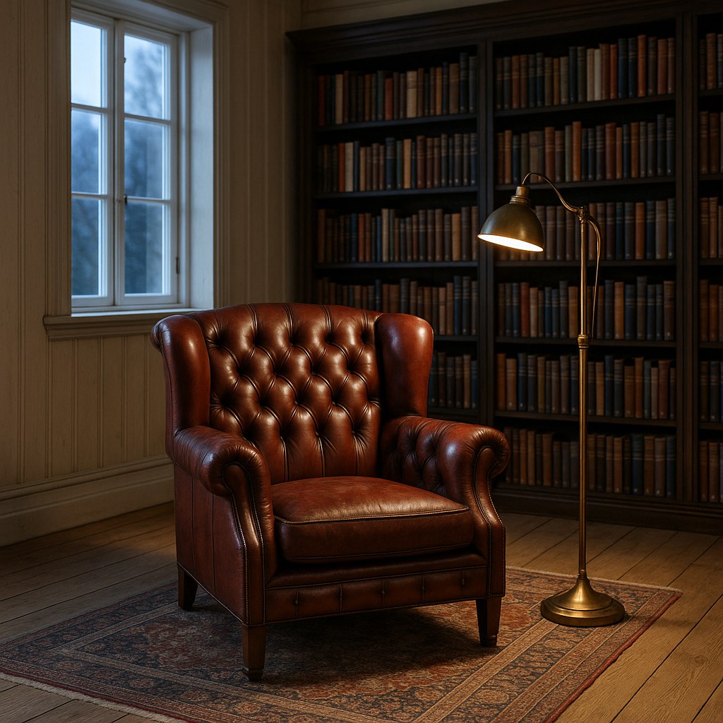 Chesterfield lenestol i oksblodrødt skinn foran bokhyller i et klassisk bibliotek i en trevilla fra Casa Padrino