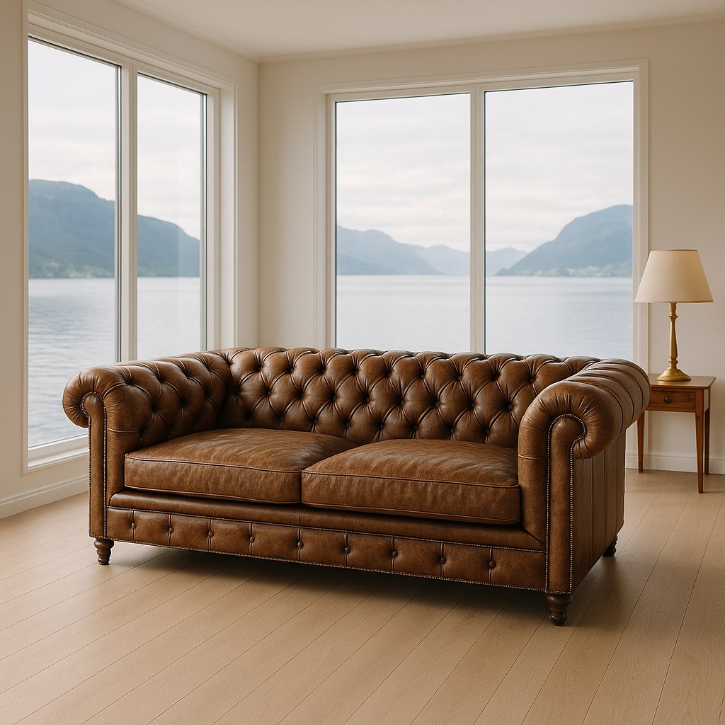 Chesterfield skinnsofa med patina i en lys villa med utsikt over fjorden fra Casa Padrino