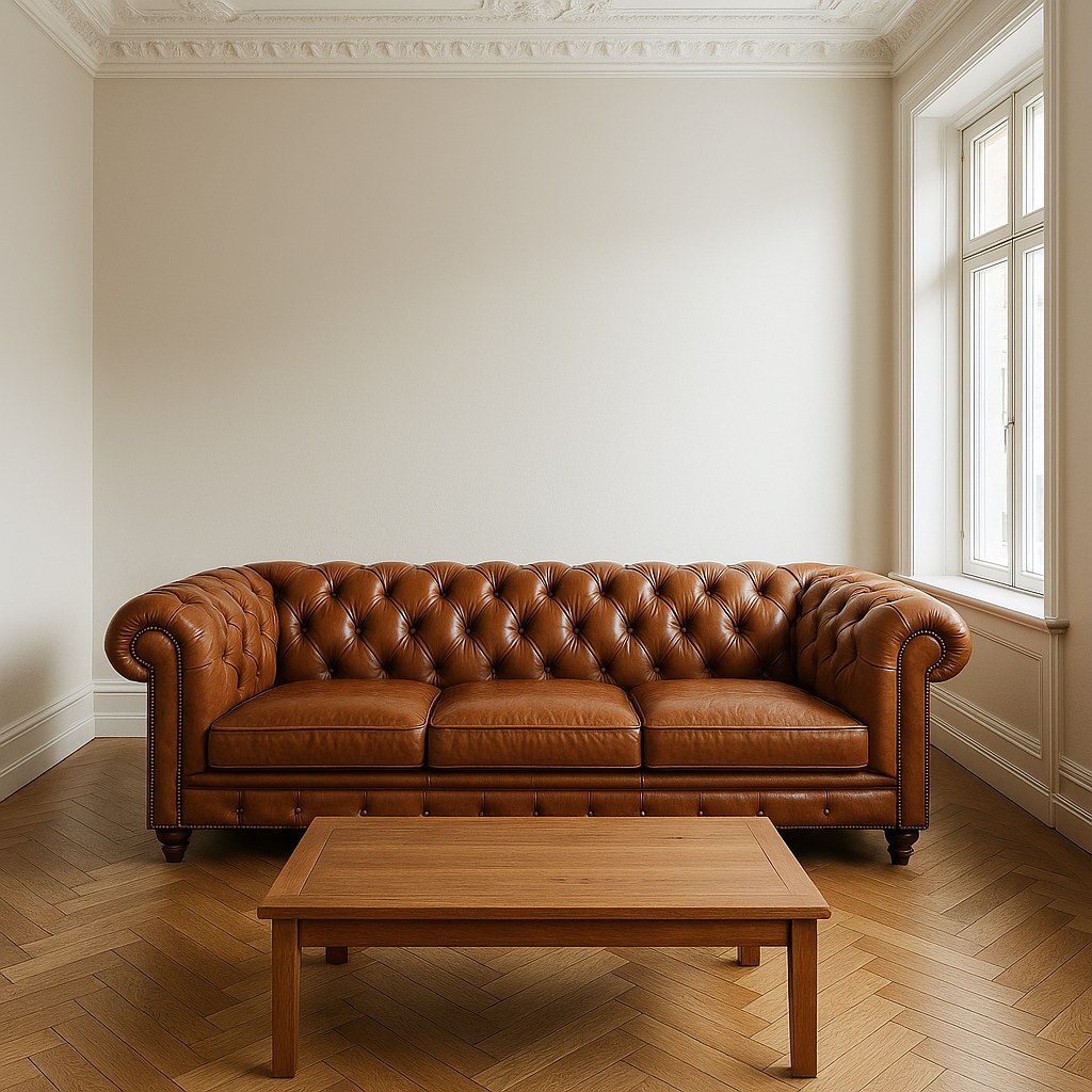 Chesterfield sofa i konjakkbrunt skinn i en bygårdsleilighet i Oslo med stukkatur og fiskebensparkett fra Casa Padrino
