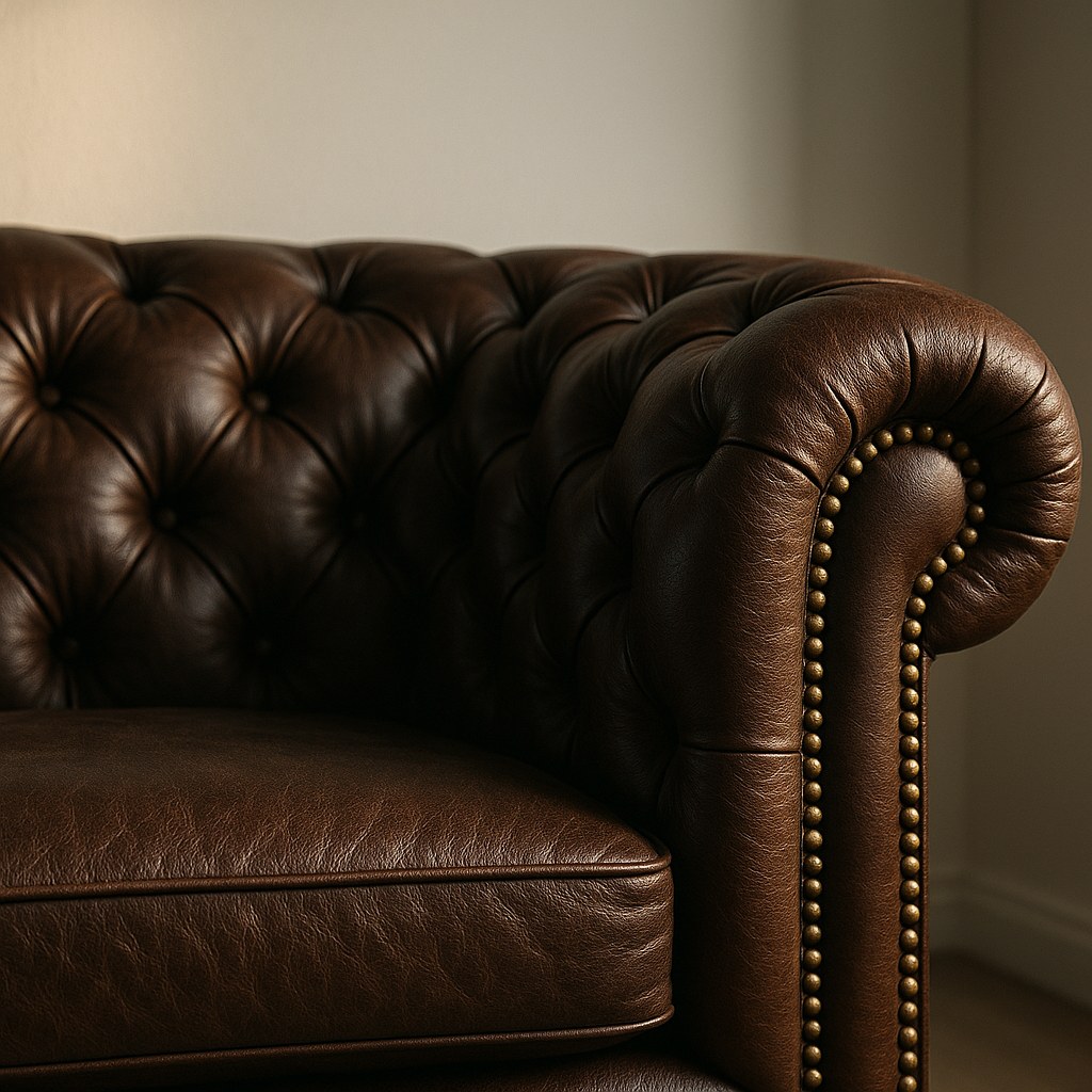 Nærbilde av det dype knappestoppet på en chesterfield sofa i mørkebrunt skinn fra Casa Padrino