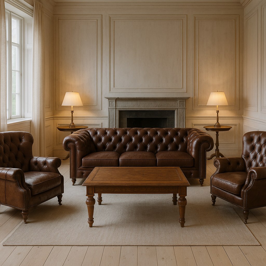 Chesterfield sofagruppe med sofa og to lenestoler i skinn rundt et salongbord på en norsk herregård fra Casa Padrino