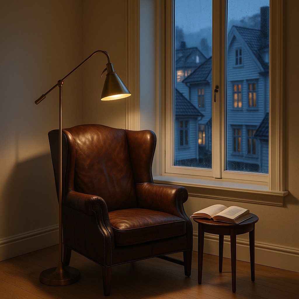 Gulvlampe i messing som leselampe bak en klassisk lenestol ved et vindu i en villa i Bergen fra Casa Padrino