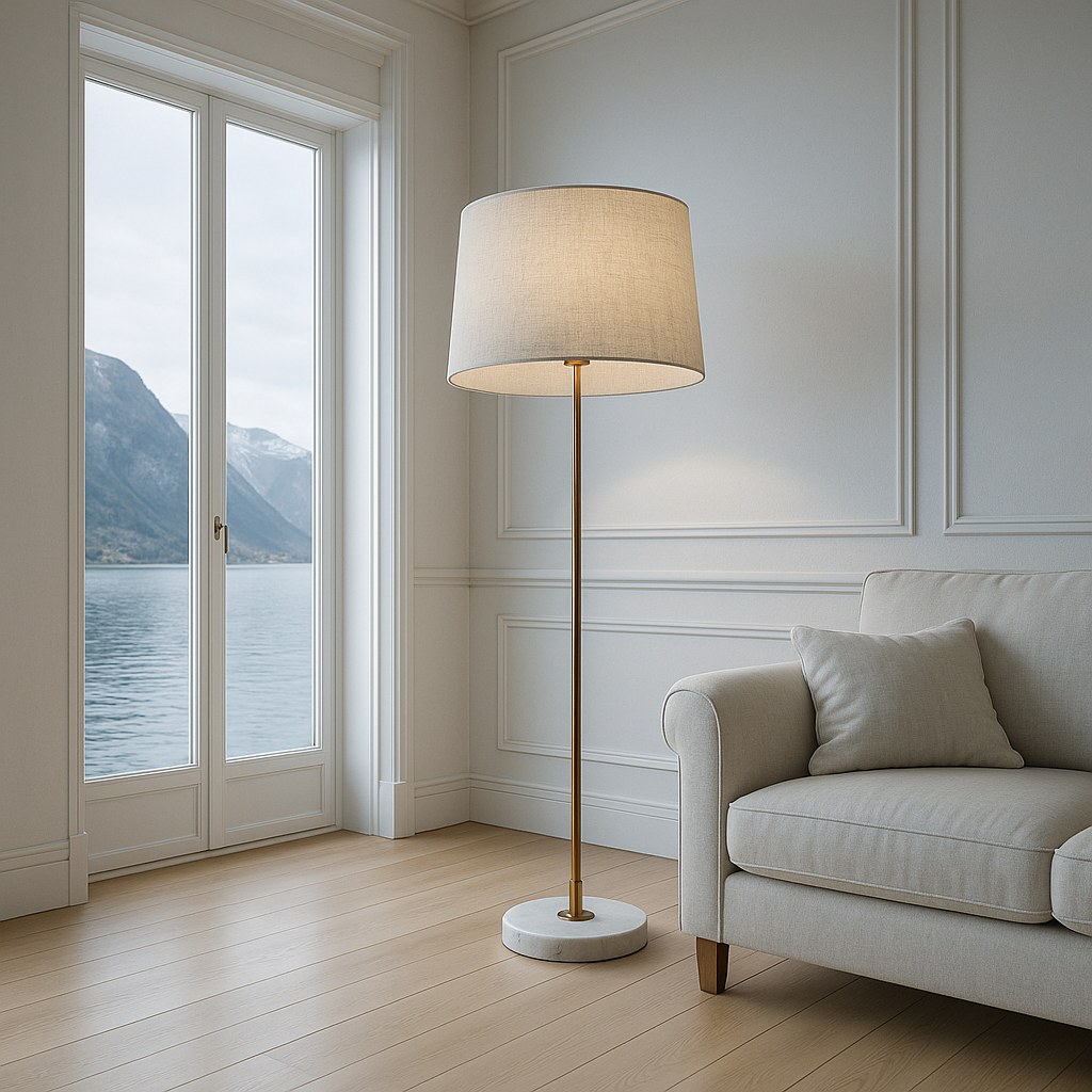 Høy gulvlampe med linskjerm i hjørnet av en lys stue i en villa ved fjorden fra Casa Padrino