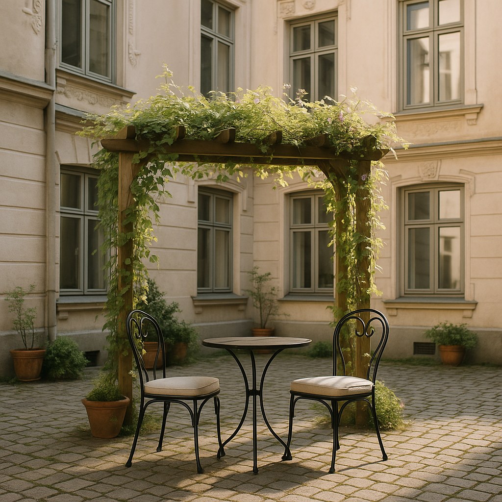 Svart kafésett i smijern med lyse puter under en pergola i en bakgård i Oslo fra Casa Padrino