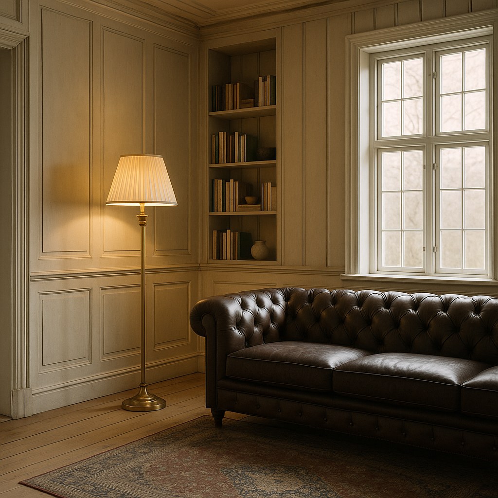 Klassisk gulvlampe i messing ved enden av en chesterfield sofa i en norsk trevilla fra Casa Padrino