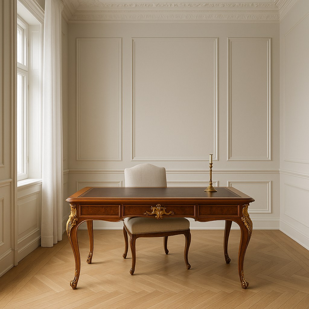 Klassisk skrivebord i barokkstil i et arbeidsrom med stukk og høye panelvegger i Oslo fra Casa Padrino