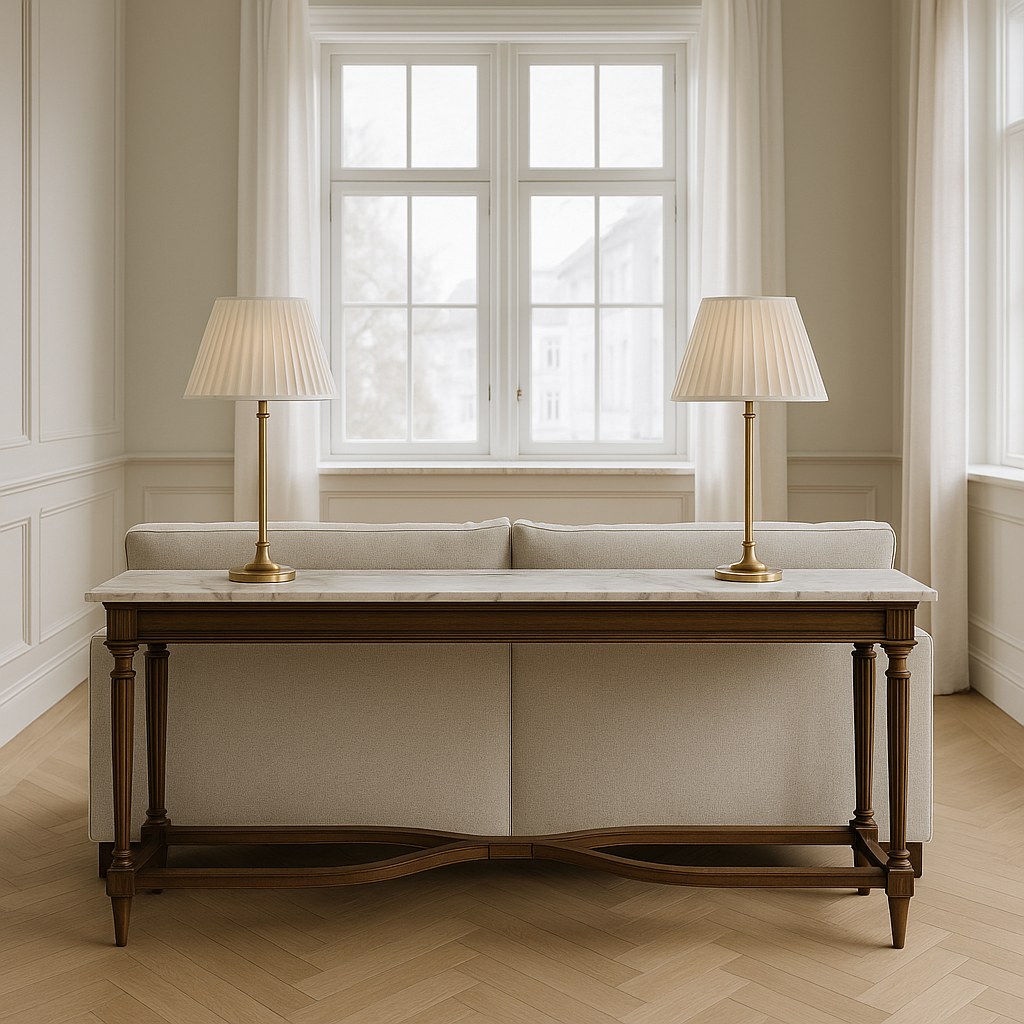 Klassisk konsollbord med marmorplate bak en sofa i en lys norsk stue fra Casa Padrino