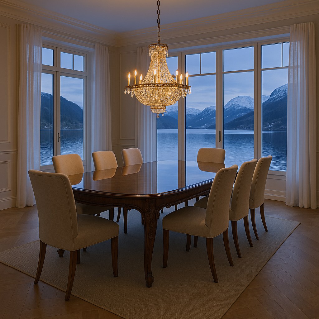 Krystallysekrone over et spisebord med spisestoler i barokkstil i en villa ved fjorden fra Casa Padrino