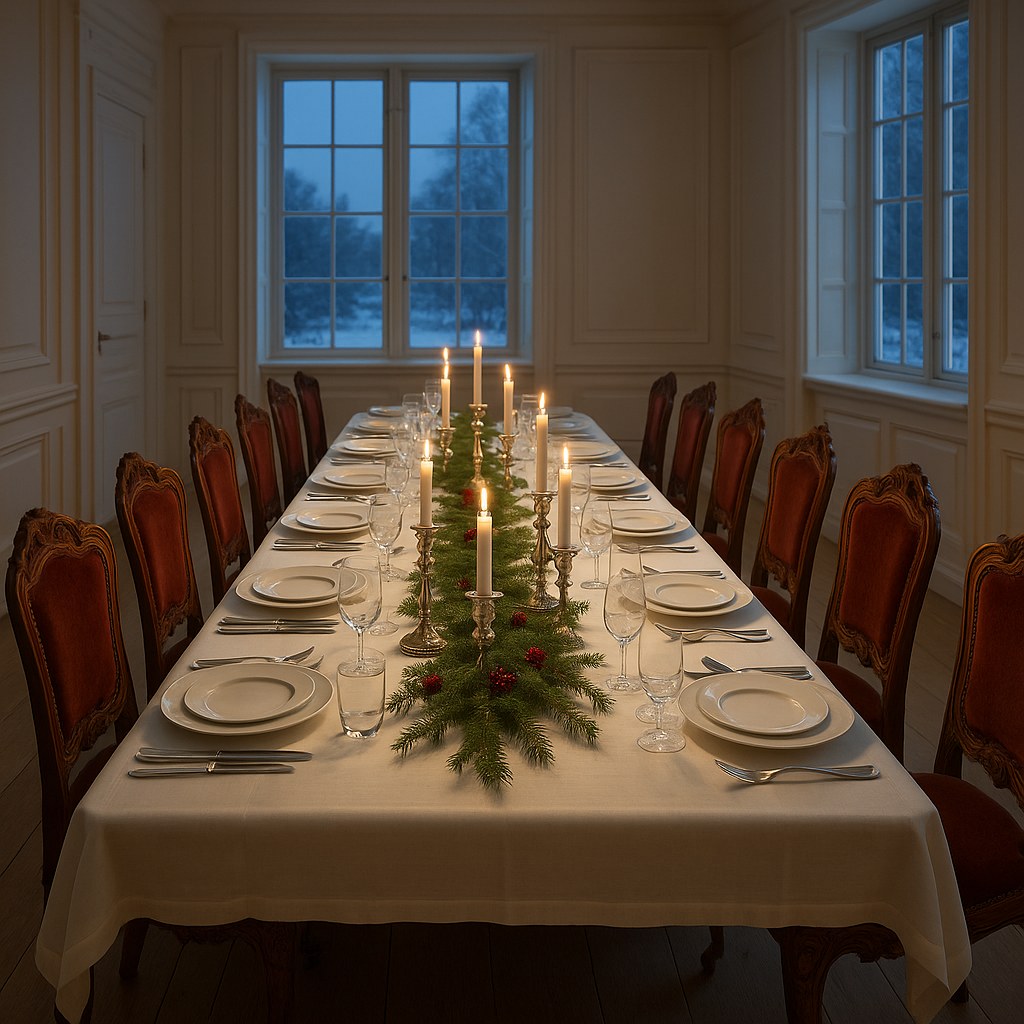 Langt barokt spisebord med spisestoler dekket til julebord i spisesalen på en norsk herregård fra Casa Padrino