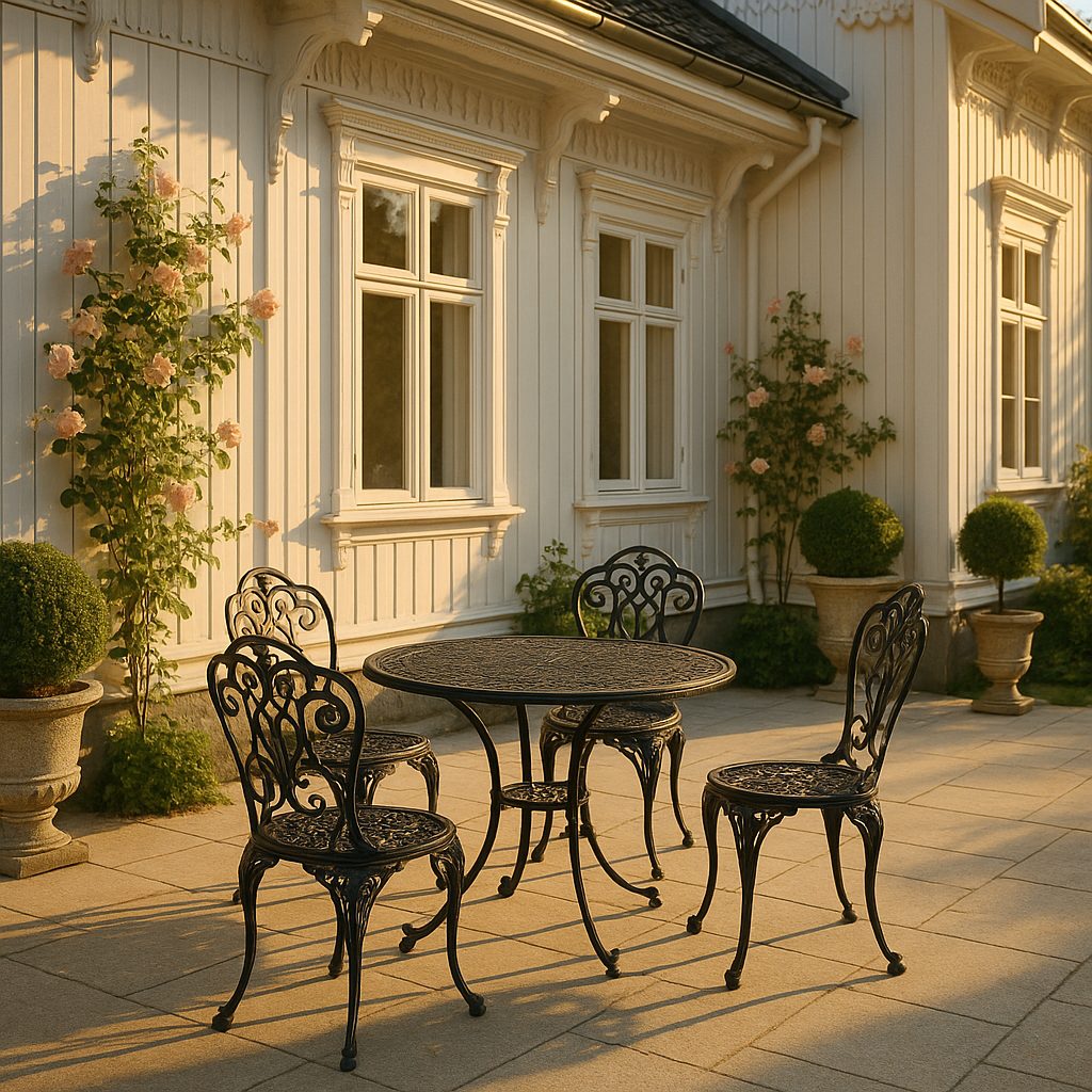 Luksus hagemøbler i svart smijern med rundt bord og stoler på en steinterrasse fra Casa Padrino