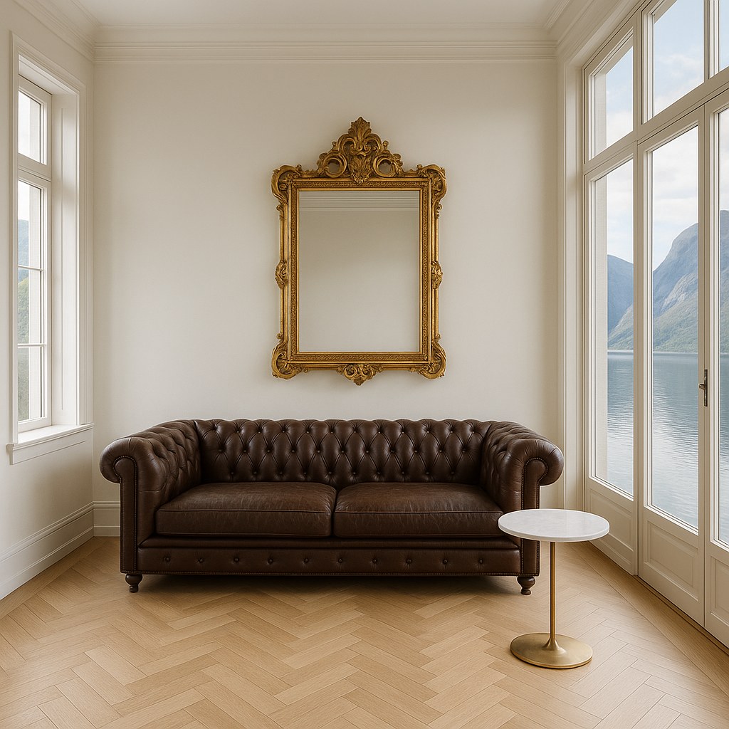 Luksusmøbler med chesterfield sofa og gullspeil i en villa ved fjorden fra Casa Padrino