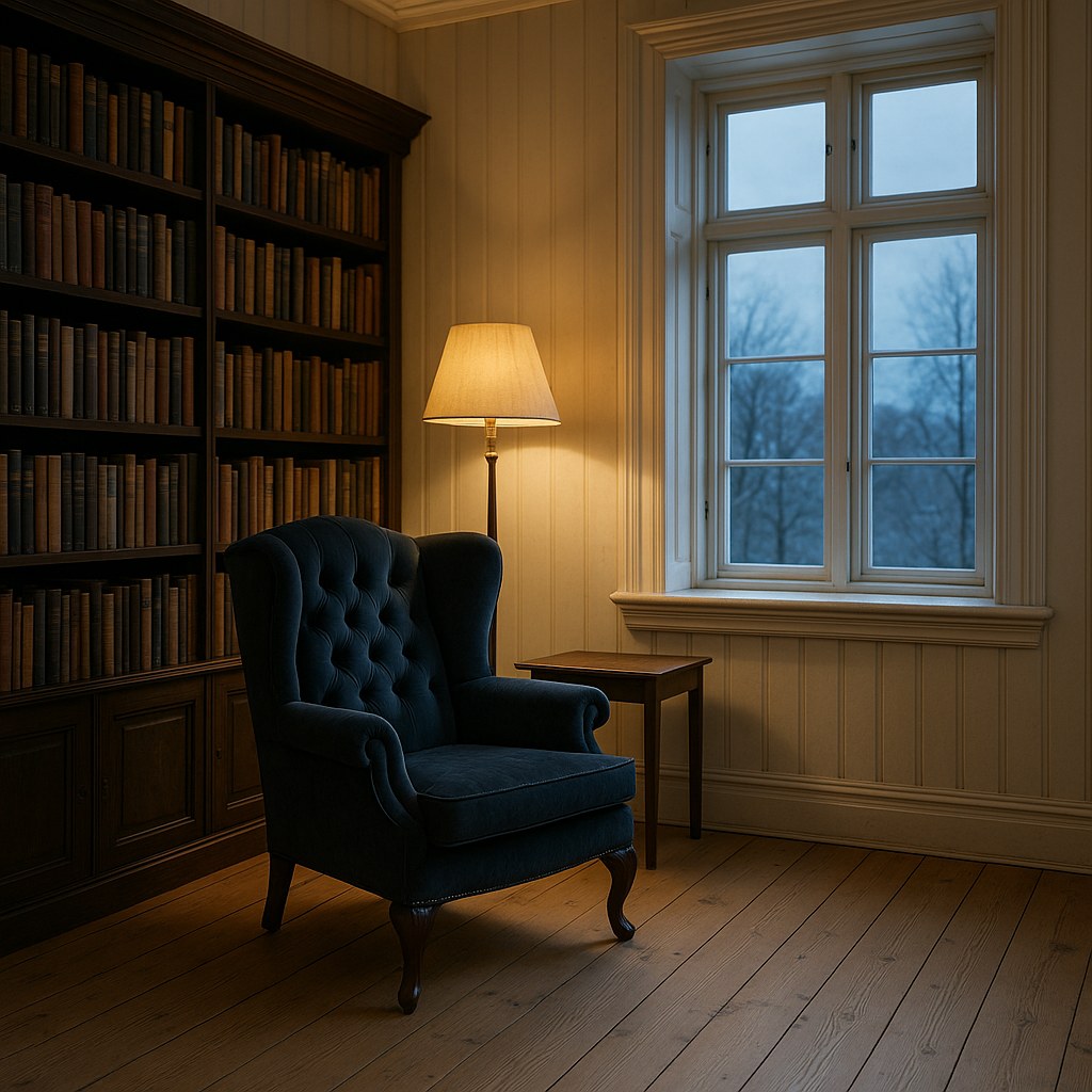 Klassisk øreklappstol i fløyel med leselampe i et bibliotek i en trevilla med bokhyller fra Casa Padrino