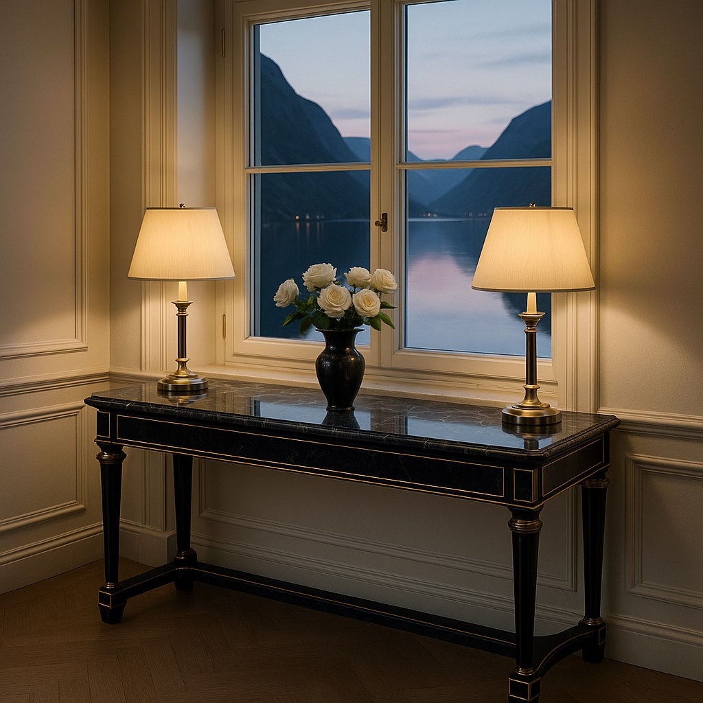 Sort konsollbord med marmorplate og to bordlamper i en villa ved fjorden fra Casa Padrino