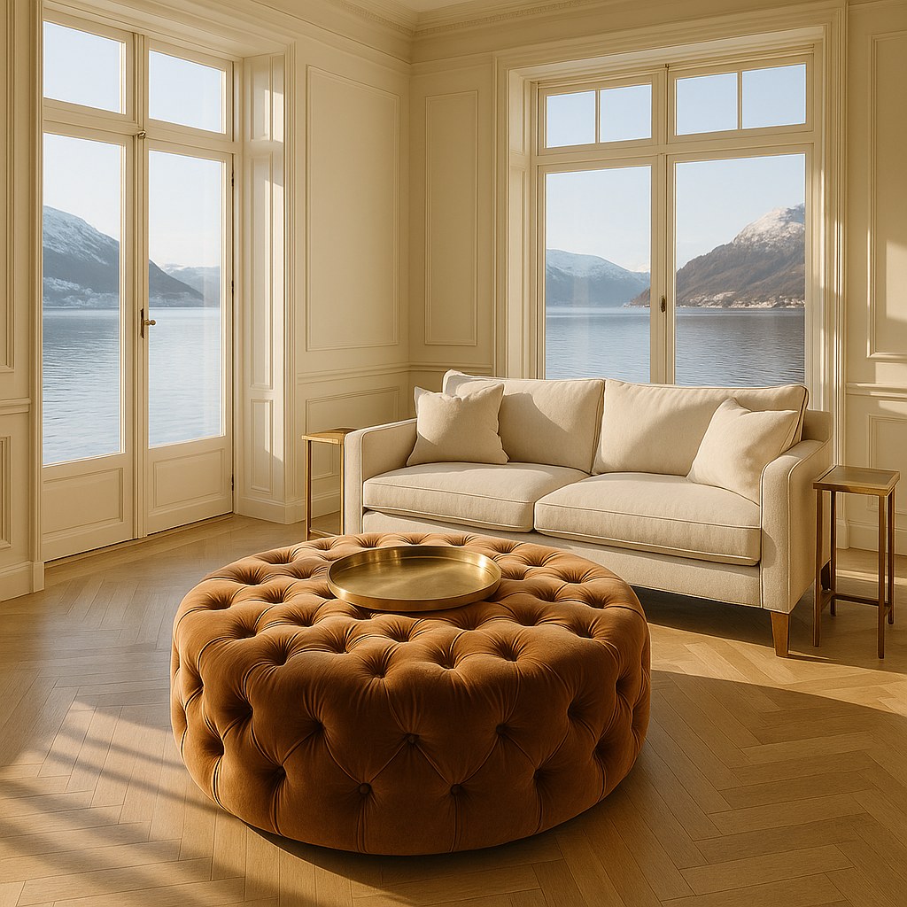 Stor rund puff med brett som salongbord foran en klassisk sofa i en villa ved fjorden fra Casa Padrino