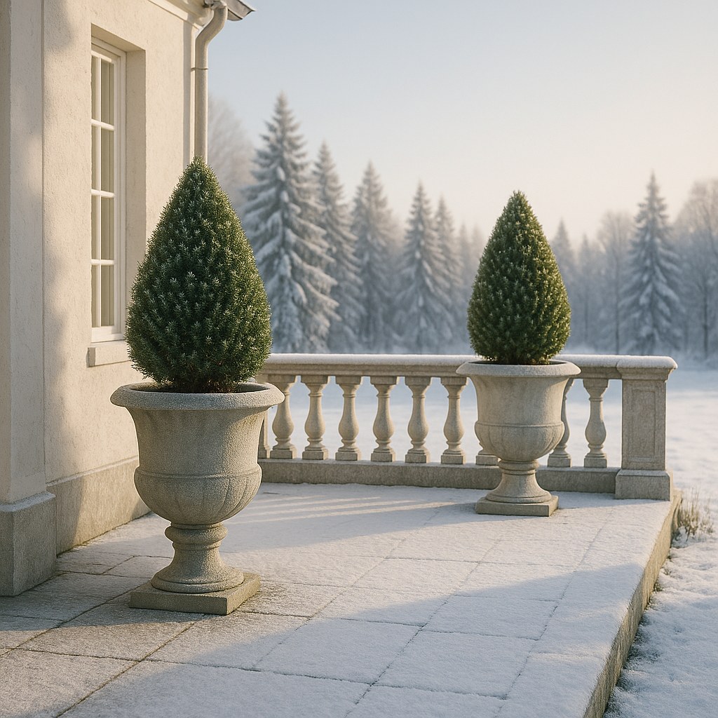 Store frostsikre krukker med eviggrønne planter på terrassen til en norsk herregård en klar vinterdag fra Casa Padrino