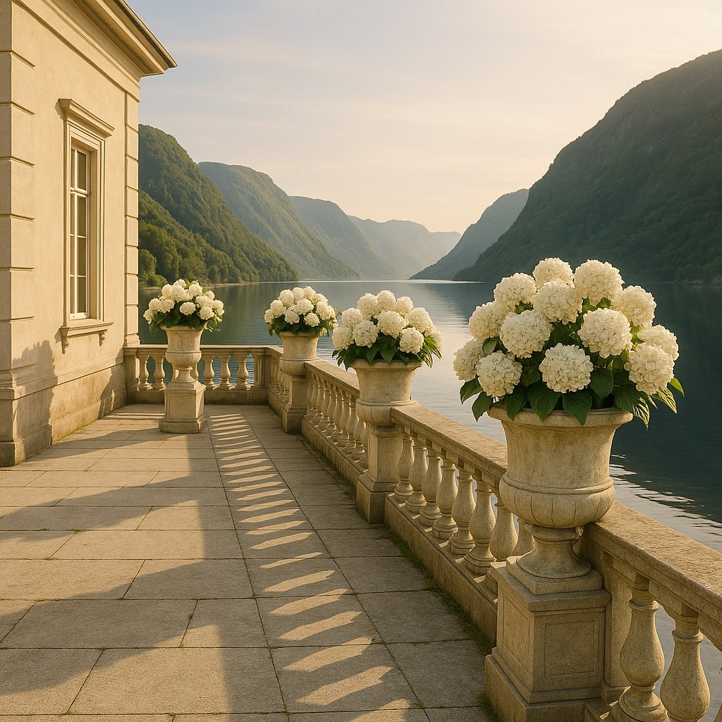 Store krukker med hvite hortensiaer på en steinterrasse ved en villa ved fjorden en lys sommerkveld fra Casa Padrino