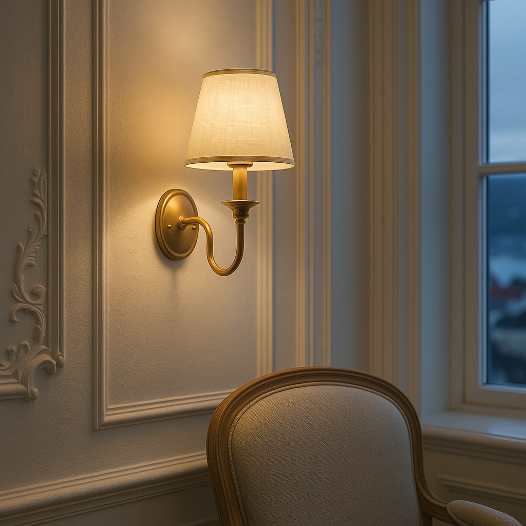 Vegglampe i messing med silkeskjerm på en lys vegg med stukkatur i en klassisk stue i Bergen fra Casa Padrino