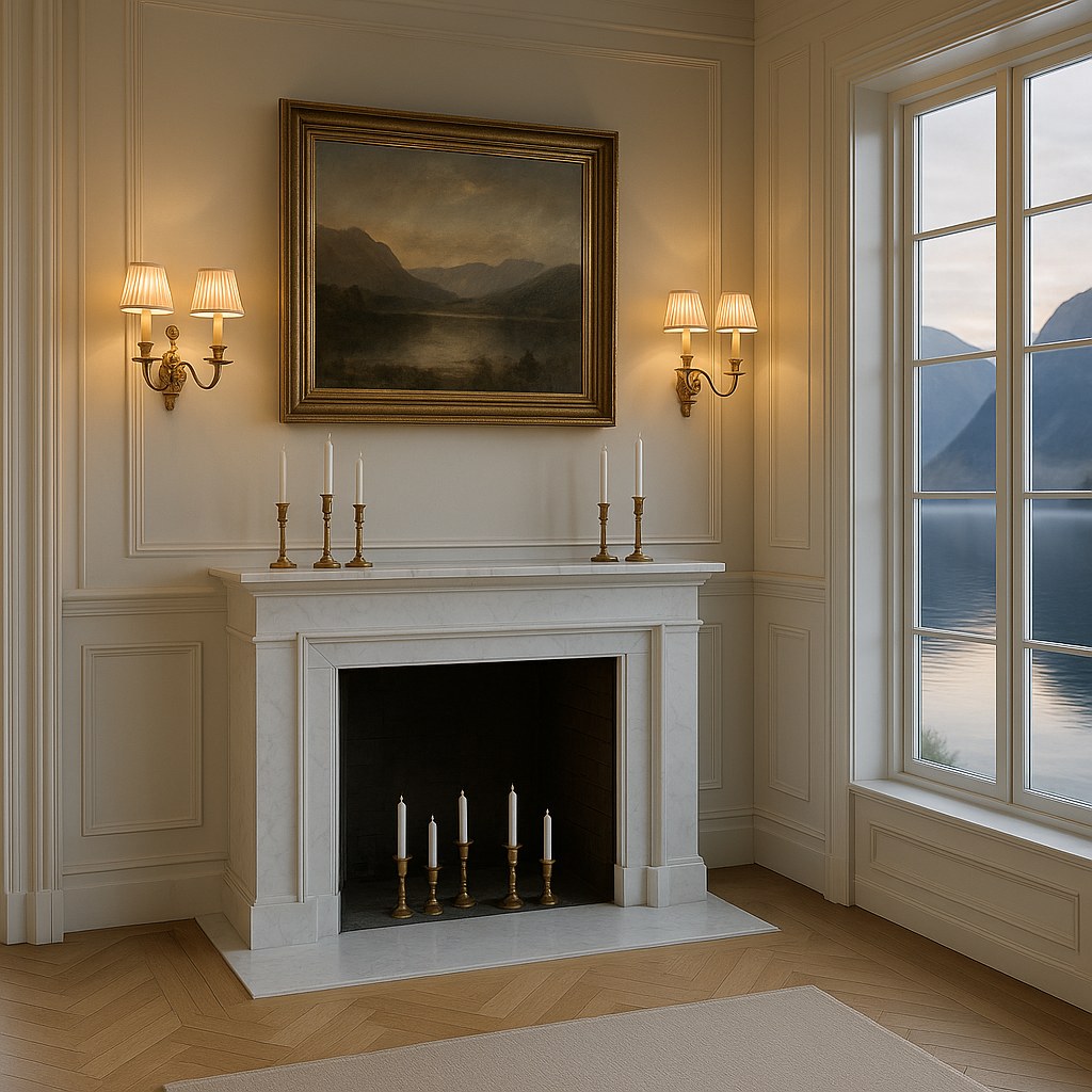 To vegglamper i messing med stoffskjermer på hver side av en marmorpeis i en villa ved fjorden fra Casa Padrino