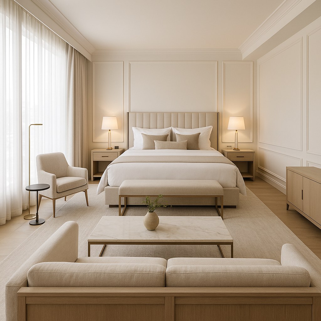 Apartament hotelowy z częścią dzienną i sypialną urządzony przez firmę wyposażającą hotele Casa Padrino