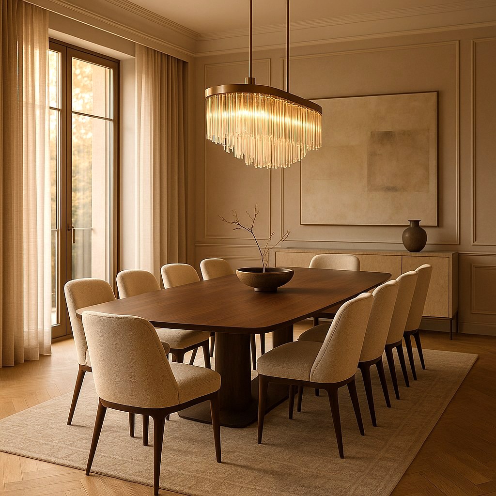Sufragerie exclusivistă cu mobilier de designer și candelabru de la Casa Padrino