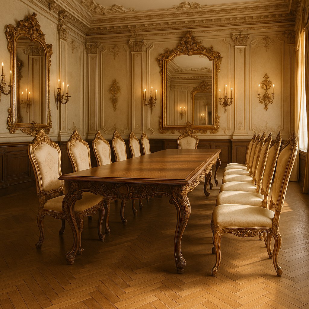 Barock matsal med snidat matbord och höga barockstolar från Casa Padrino